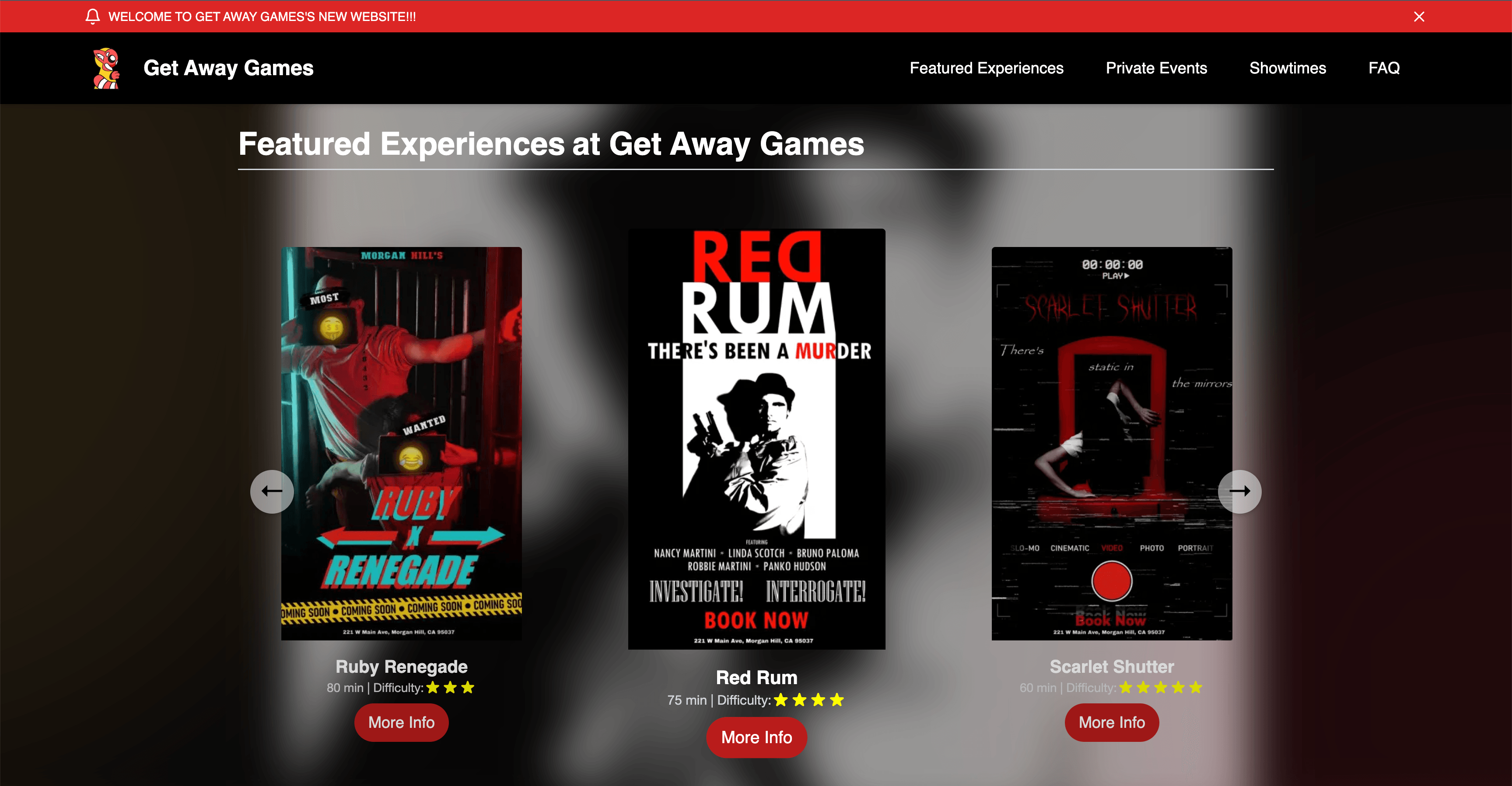 Marketing website for the escape room company Get Away Games & Media. Allows users to view the available escape rooms and book services.